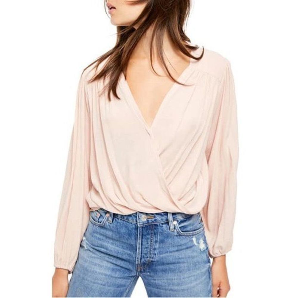 Free People Check On It Pink Nectar Crinkle Faux Wrap Long Sleeve Blouse